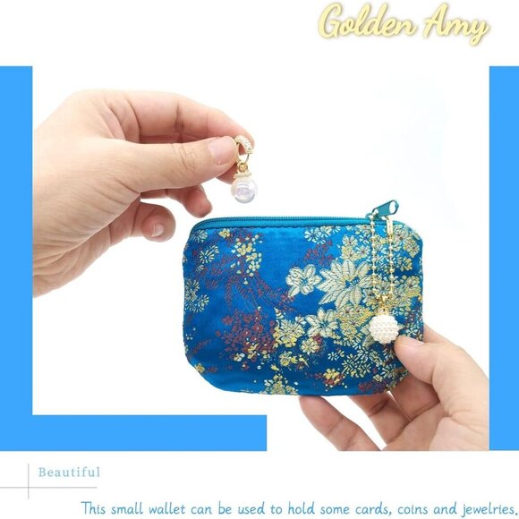 Handmade Women Coin Purse Brocade Zipper Wallet Silk Makeup Bag - SKYBLUE - Picture 4 of 6